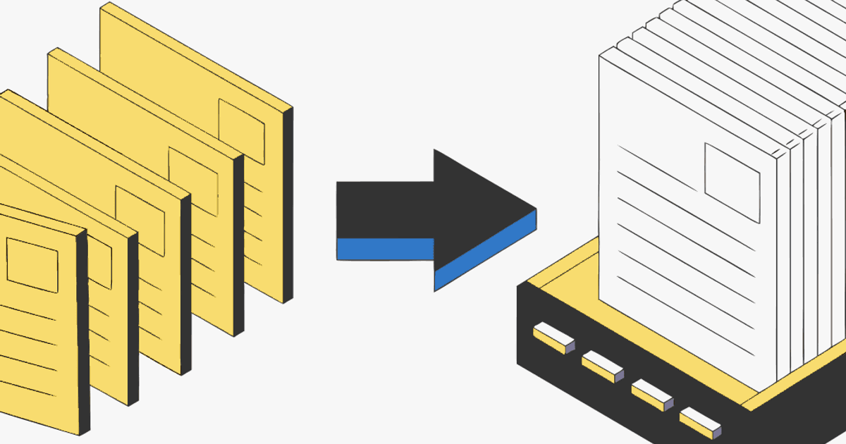 Flat vector illustration of carousel slides being captured as PDF pages and filed into a labeled database.