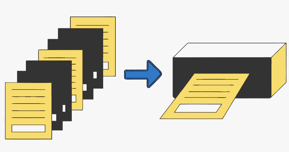 Flat vector illustration of carousel slides becoming a PDF and printing out as one page per slide.