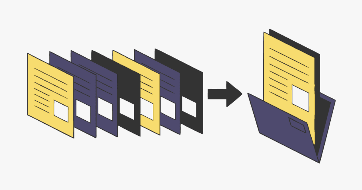 Flat vector illustration of an Instagram carousel being captured into a single PDF and filed into a folder.