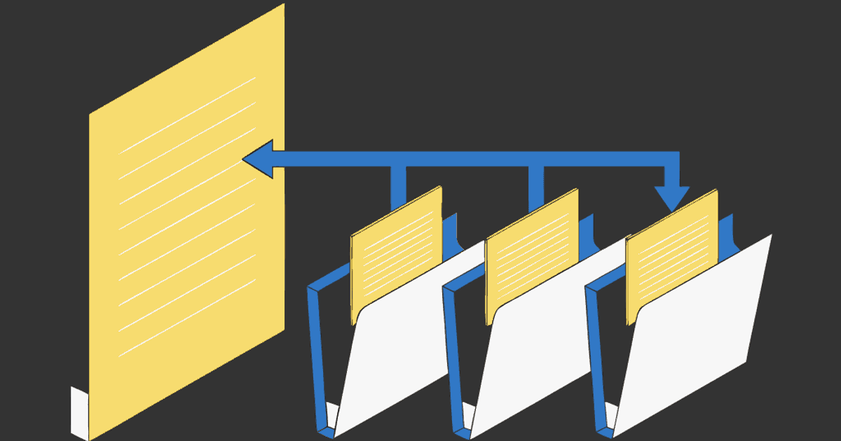 Flat vector illustration of a PDF page with thin placeholder lines being filed into three labeled folders.