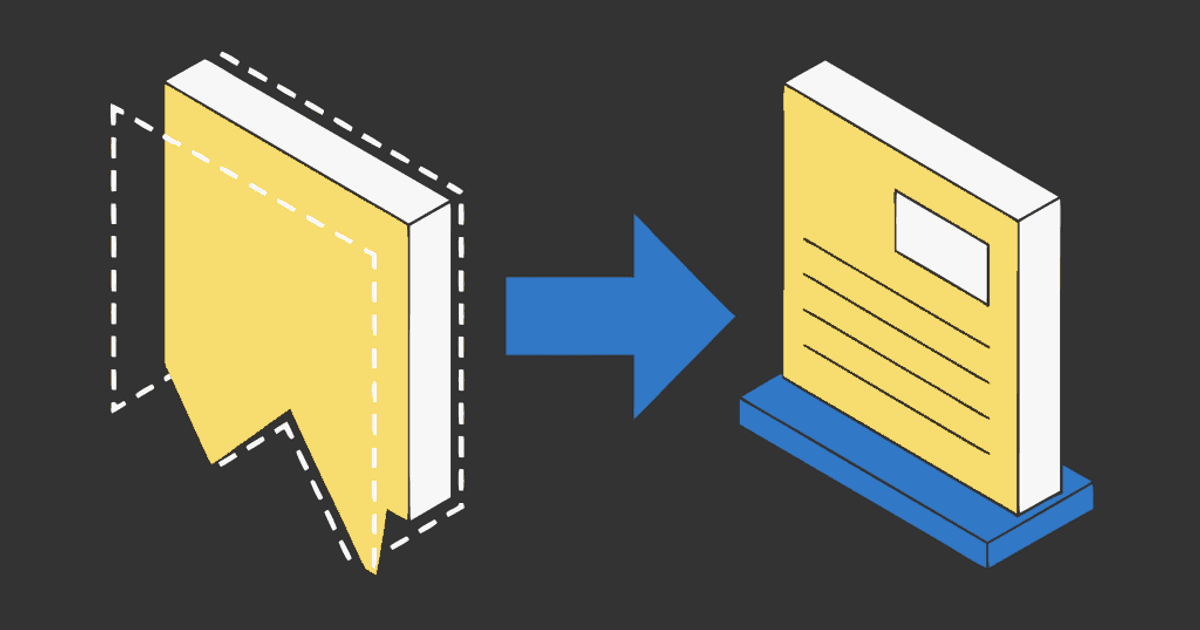 Flat vector illustration of a bookmark fading to transparent next to a solid document page with thin placeholder lines.